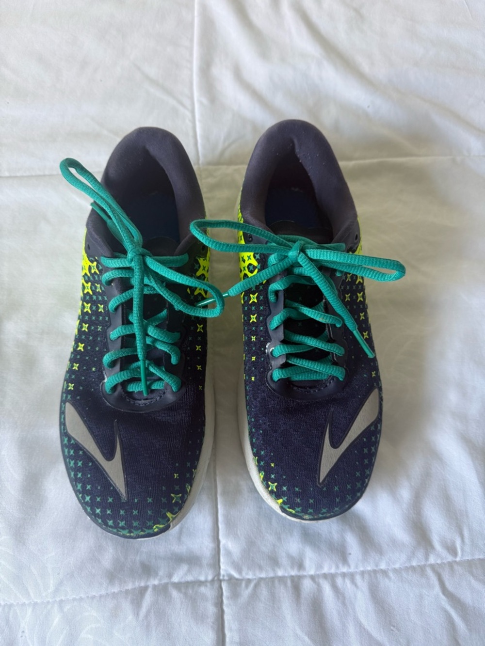 Brooks Navy Athletic Shoes with Teal Laces and Neon Yellow Accents